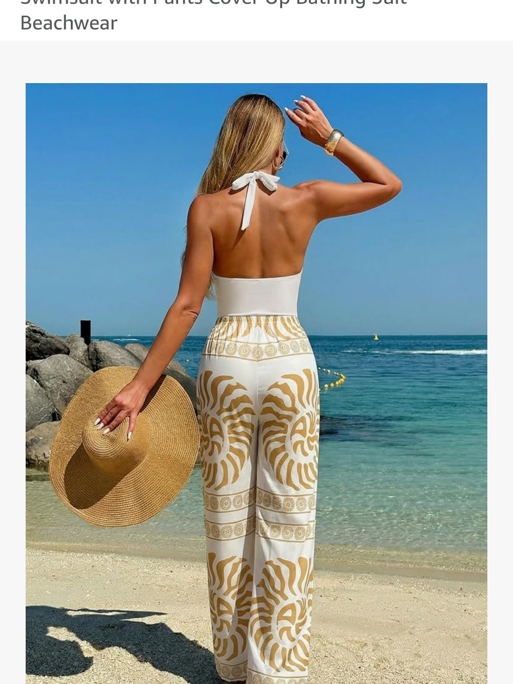White Halter One-Piece Swimsuit with White & Tan Wide-Leg Printed Pants - Picture 3 of 9